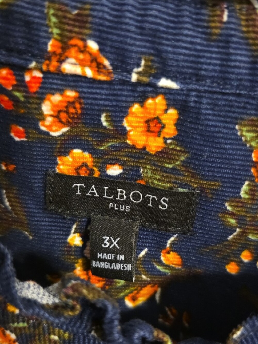 Talbots Navy Floral Corduroy Long Sleeve Blouse Tunic - Picture 2 of 7